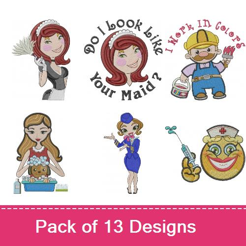 Cartoon occupations embroidery design pack by machine embroidery