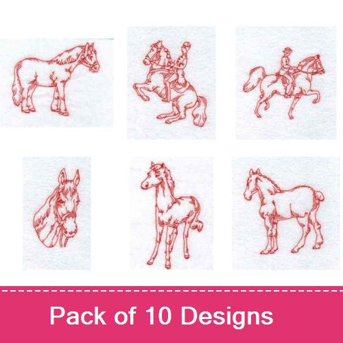 Redwork Horses Embroidery design pack by Shady Threads, Animals