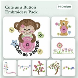 Cute button-themed embroidery bundle featuring a happy monkey, cuddly bear, and joyful button tree with 14 designs.