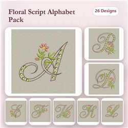 Floral Script Embroidery bundle featuring ornate letters A, B, C, and D with beautiful floral accents, totaling 26 designs.
