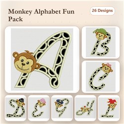 Monkey Alphabet Embroidery bundle featuring letters A to H with playful monkey characters across 26 designs.