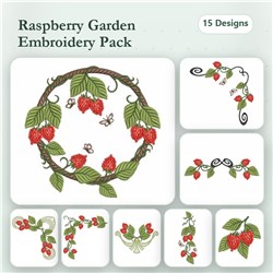 Raspberry Wreath and Single Raspberry with Leaves in a vibrant Embroidery bundle with 15 designs.
