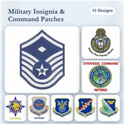 Military insignia including Master Sergeant and Air Force Command Patches in this Embroidery bundle with 15 designs.