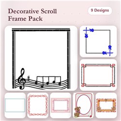 Decorative scroll frames Embroidery bundle featuring 9 unique designs including Music Note, Floral, and Geometric styles.