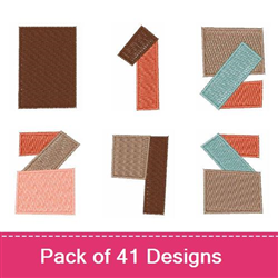 Modern geometric shapes Embroidery bundle featuring various rectangular and angular designs in brown, coral, and mint.