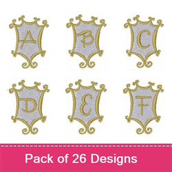 Monogram Shields Embroidery bundle featuring ornate letters A to F, with 26 decorative designs for personalized items.