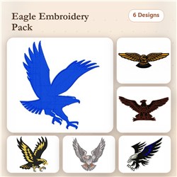 Eagle embroidery bundle featuring 6 dynamic designs like Soaring Eagle and Bald Eagle, showcasing nature's beauty.