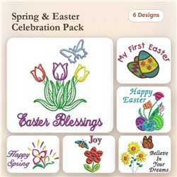 Spring & Easter Embroidery bundle featuring tulips, a butterfly, and joyful phrases like Happy Easter and Believe In Your Dre