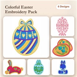 FSL Easter-themed Embroidery bundle featuring Decorative Easter Egg, Lace Easter Egg, Bunny with Bow, and more.