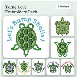Turtle themed Embroidery bundle featuring a Turtle with Shell Pattern, Let's Bump Shells!, Turtle Love, and more. 9 designs c