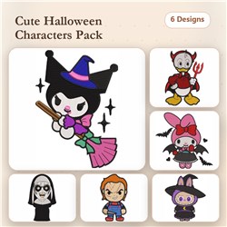 Halloween characters Embroidery bundle featuring a Witch with Broom, Devil, Ghost, and more. Perfect for festive creations!