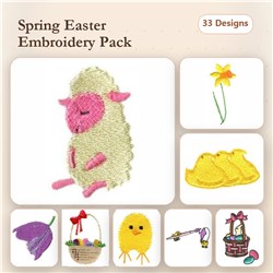 Charming sheep, daffodil, and ducks in this Easter-themed Embroidery bundle with 33 designs for festive projects.