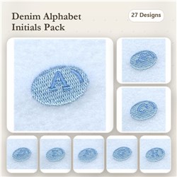 Denim Alphabet Initials Embroidery bundle featuring A to Z initials in light blue on textured fabric, 27 designs.