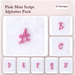 Mini Script Alphabet Embroidery bundle featuring soft pink letters A, B, C, D, E, F, G, H in elegant squares.