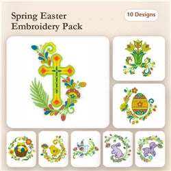 Colorful Spring Easter Embroidery bundle featuring an Easter Cross, Easter Lily, and Easter Egg among 10 festive designs.