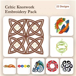 Celtic Knotwork Embroidery bundle featuring intricate Celtic Knotwork Square, Fish, Serpent and more, showcasing 22 designs.