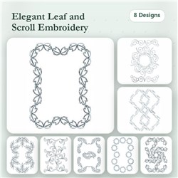 Elegant leaf and scroll Embroidery bundle featuring 8 designs like Leaf Frame and Intricate Scroll Pattern.