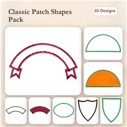 Vibrant embroidery bundle featuring 26 patch shapes including a red banner, half circle, and rounded square.