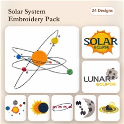 Explore the Solar System Embroidery bundle with 24 designs featuring the Sun, planets, eclipses, and celestial wonders.