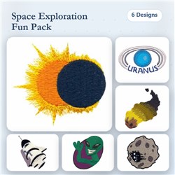 Space exploration themed Embroidery bundle featuring a Solar Eclipse, Uranus, Space Shuttle, and an Alien Character.