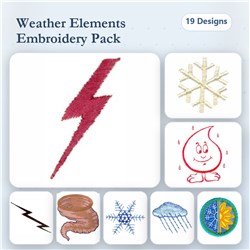Weather Elements Embroidery bundle features Lightning Bolt, Snowflake, and Rain Cloud among 19 designs, showcasing nature's p