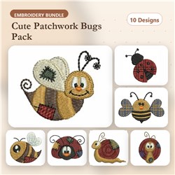 Cute patchwork bugs Embroidery bundle featuring a Bee with Patchwork Wings, Ladybug with Heart, and Patchwork Snail.