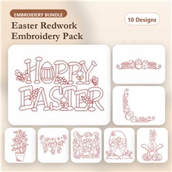 Redwork Embroidery bundle featuring Hoppy Easter, Easter Bunny, and Easter Gnome designs with floral decorations.