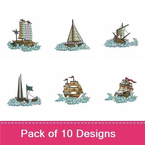 Nautical Sailing Ships Embroidery Designs Bundle – Tall Ship on Waves, Sailing Ship with Red Flags & More (10 Designs)