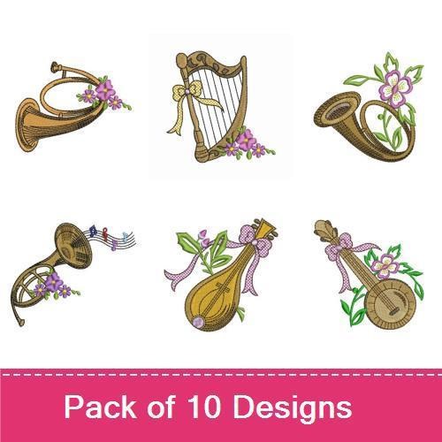 Floral Musical Instruments Embroidery Designs Bundle – French Horn with Flowers, Trombone with Flowers, Harp with Flowers & More (10 Designs)