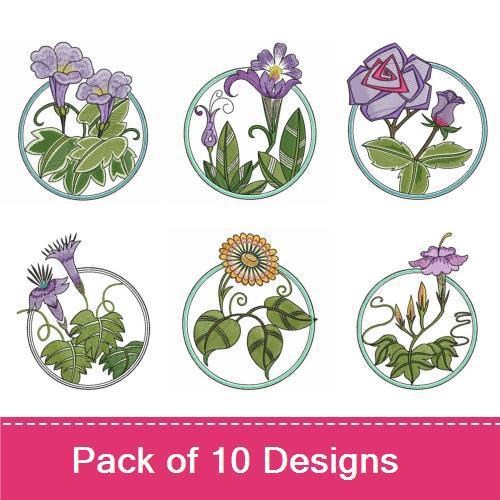 Floral Embroidery Designs Bundle – Purple Floral Circles, Rose in Circle, Violet in Circle & More (10 Designs)
