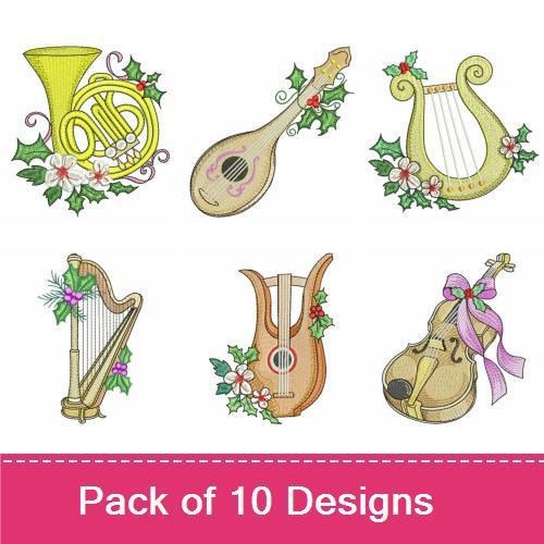 Holiday Musical Instruments Embroidery Designs Bundle – French Horn, Mandolin, Harp & More (10 Designs)
