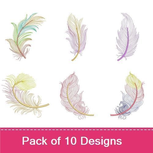 Rippled Elegant Feather Embroidery Bundle – Peacock Feather, Curved Feather, Floral Design Feather & More (10 Designs)