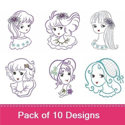 Redwork Vintage Girl Portraits Embroidery Designs Bundle – Girl with Flower, Girl with Bow, Girl with Hat & More (10 Designs)