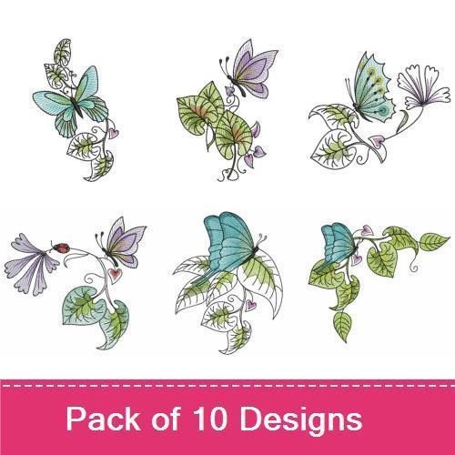 Butterflies & Floral Elements Embroidery Designs Bundle – Elegant Butterfly with Vines, Purple Butterfly, Leafy Vine with Butterfly & More (10 Designs)