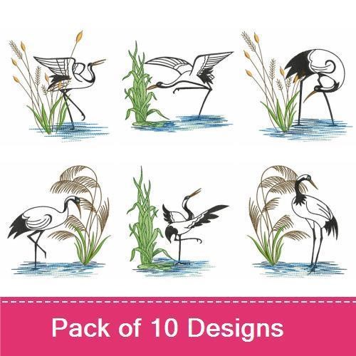Elegant Crane Embroidery Designs Bundle – Crane among Reeds, Crane in Water, Flying Crane & More (10 Designs)