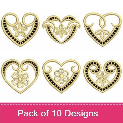 Floral Heart Embroidery Designs Bundle – Elegant Heart with Flower, Curled Floral Heart, Swirl Heart & More (10 Designs)