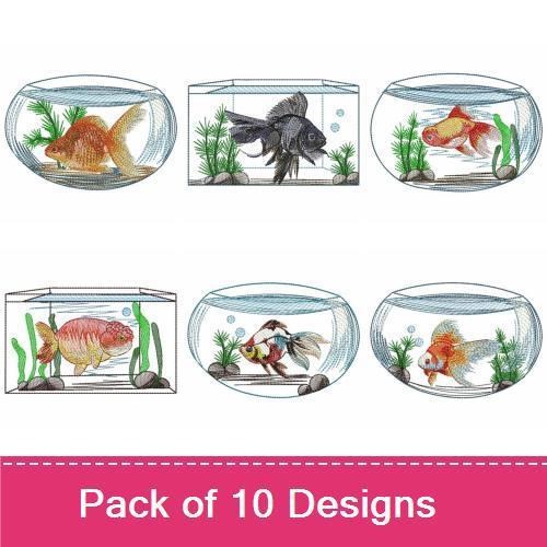 Goldfish Embroidery Designs Bundle – Goldfish in Bowl, Goldfish with Plants, Black Goldfish in Bowl & More (10 Designs)