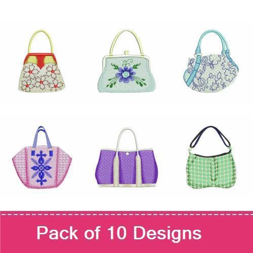 Vintage Handbag Embroidery Designs Bundle – Handbag with Flower, Red Handbag with Flowers, Blue Handbag with Patterns & More (10 Designs)