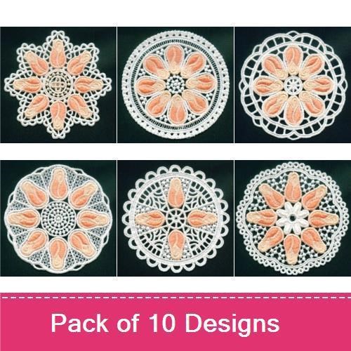 FSL Lace Doilies Embroidery Designs Bundle – Elegant Lace Doily 1, Elegant Lace Doily 2, & More (10 Designs)