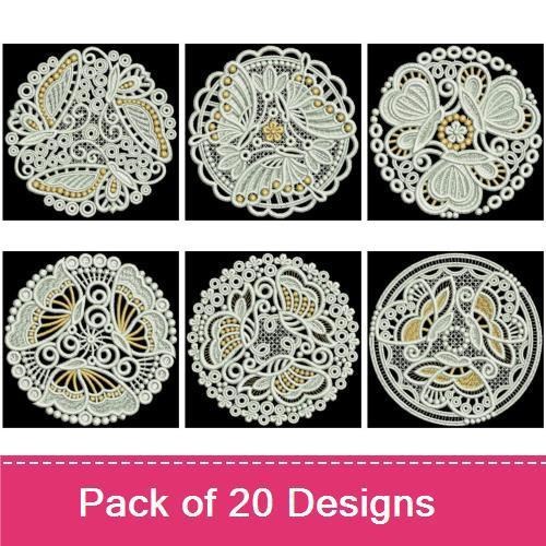 FSL Elegant Lace Butterflies Embroidery Designs Bundle – Intricate, Floral, Two-Toned & More (20 Designs)