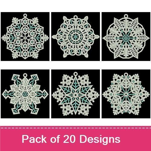 FSL Elegant Snowflake Embroidery Bundle – Fancy Snowflake Ornament, Detailed Snowflake, Lace Snowflake & More (20 Designs)