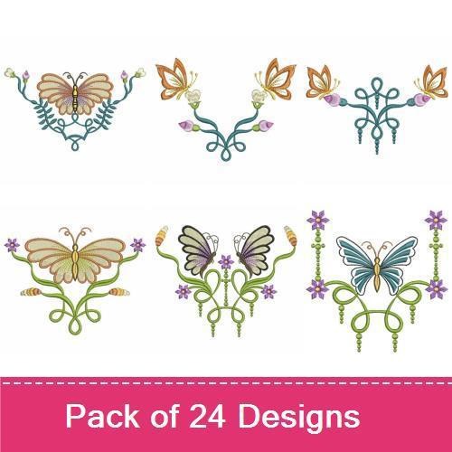 Elegant Butterflies & Floral Embroidery Designs Bundle – Elegant Butterfly with Flowers, Ornate Butterfly with Vines & More (24 Designs)