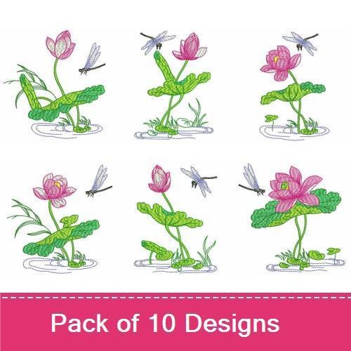 Lotus Flower & Dragonfly Embroidery Designs Bundle – Lotus Flower with Dragonfly, Lotus on Water & More (10 Designs)