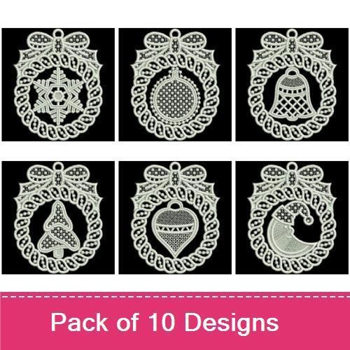 FSL Vintage Christmas Ornaments Embroidery Designs Bundle – Snowflake, Bell, Wreath & More (10 Designs)