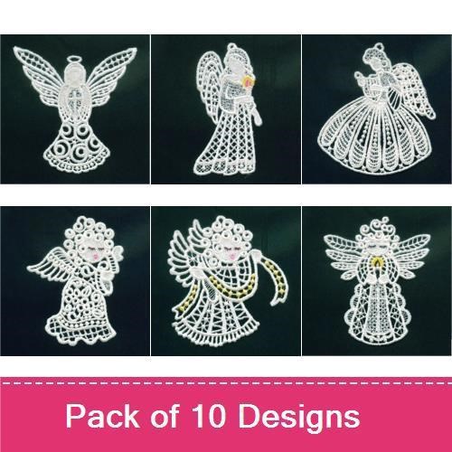 FSL Delicate Lace Angels Embroidery Designs Bundle – Angel Ornament, Lace Angel with Halo, & More (10 Designs)