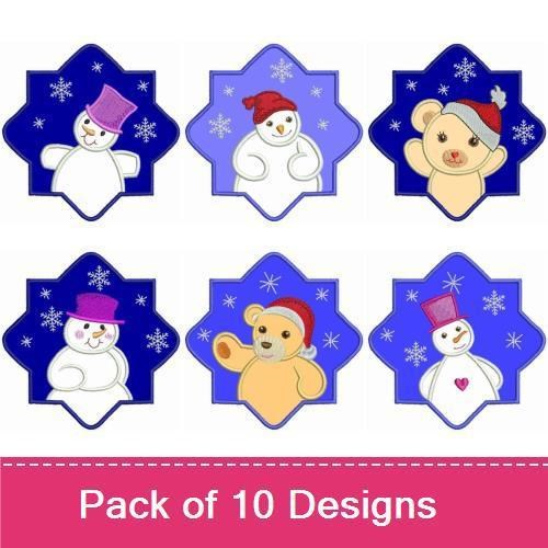 Applique Winter Snowman & Bear Embroidery Bundle – Snowman with Purple Hat, Bear with Scarf & More (10 Designs)
