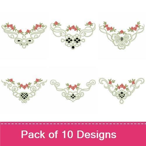 Floral Neckline Embroidery Bundle – With Flowers, Swirls, Black Accents & More (10 Designs)