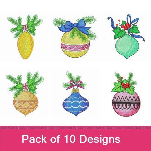 Christmas Ornaments & Bells Embroidery Designs Bundle – Blue Bow, Red Pattern, Green Holly & More (10 Designs)