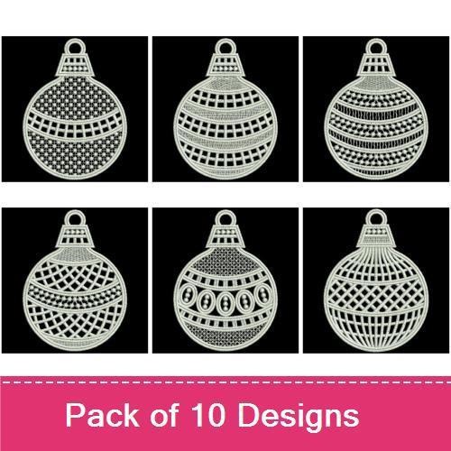 FSL Christmas Ornament Embroidery Designs Bundle – Star Ornament, Decorative Ball Ornament, Striped Ornament & More (10 Designs)