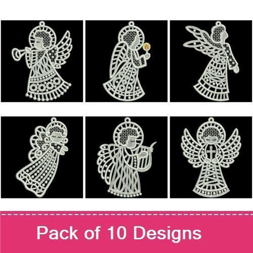 FSL Angelic Ornaments Embroidery Designs Bundle – Angel with Trumpet, Praying Angel, Angel Holding Christmas Ornament & More (10 Designs)